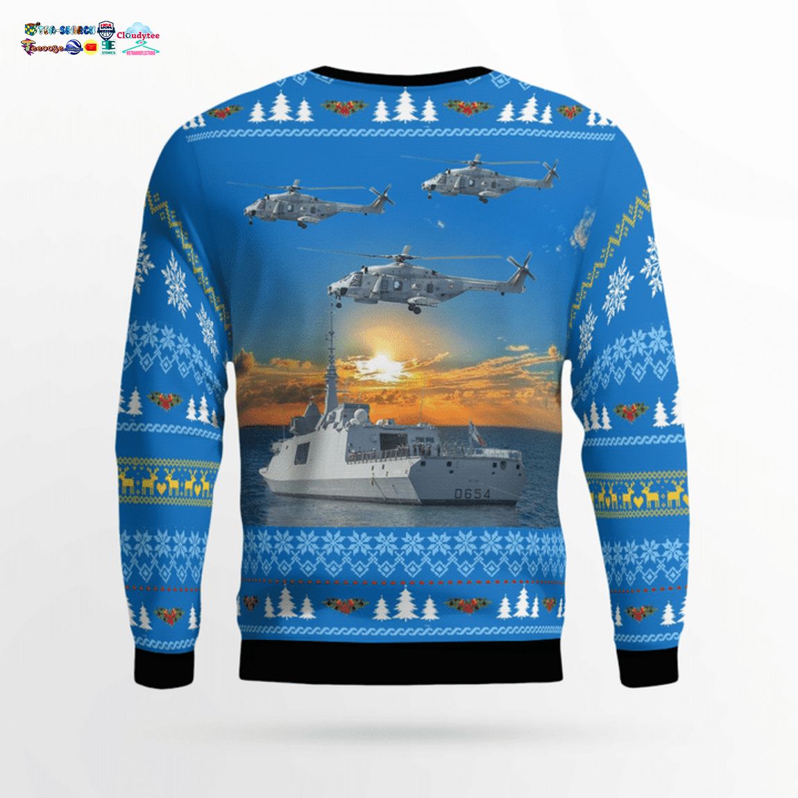 French Navy Ship Auvergne & NH90 Helicopter 3D Christmas Sweater