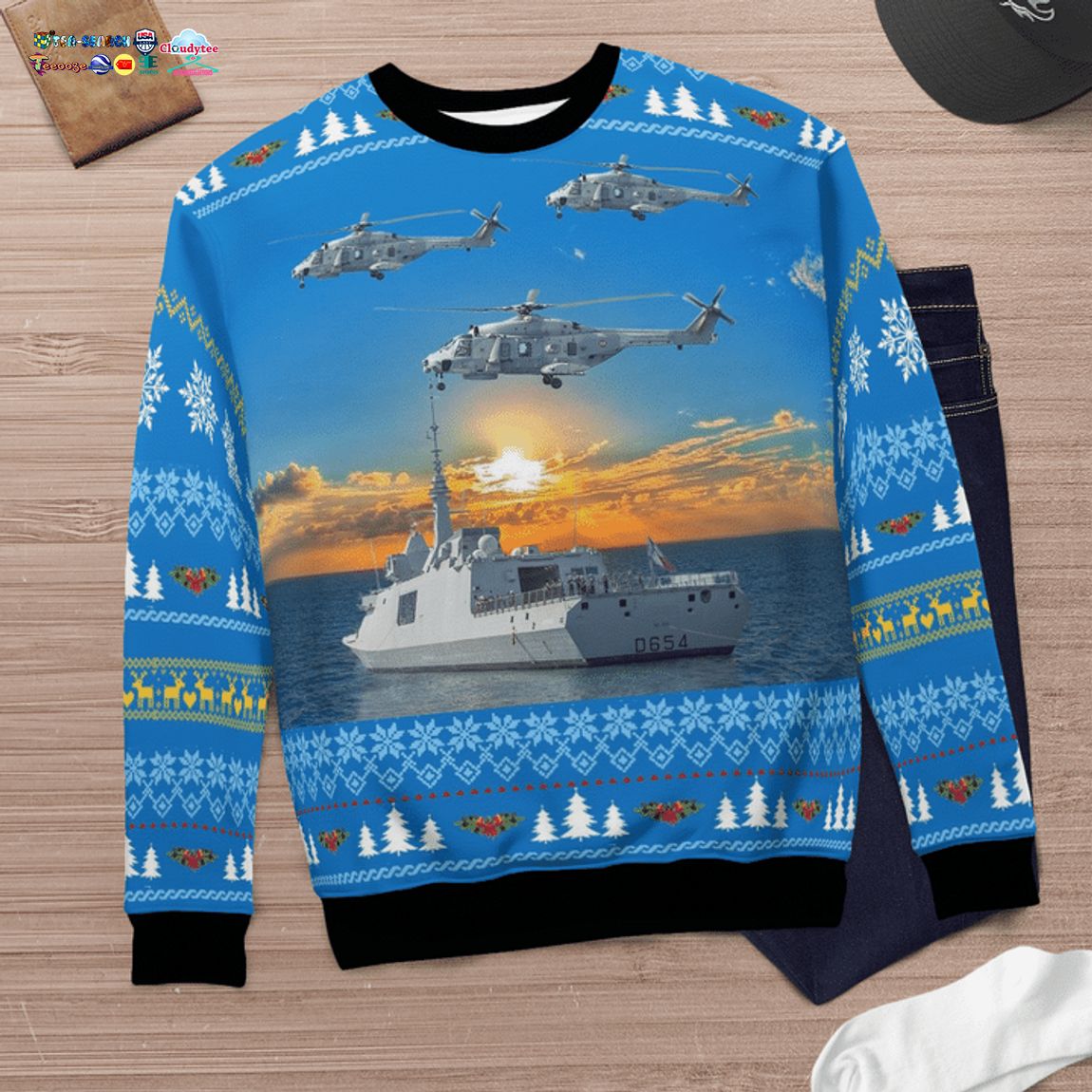 French Navy Ship Auvergne & NH90 Helicopter 3D Christmas Sweater
