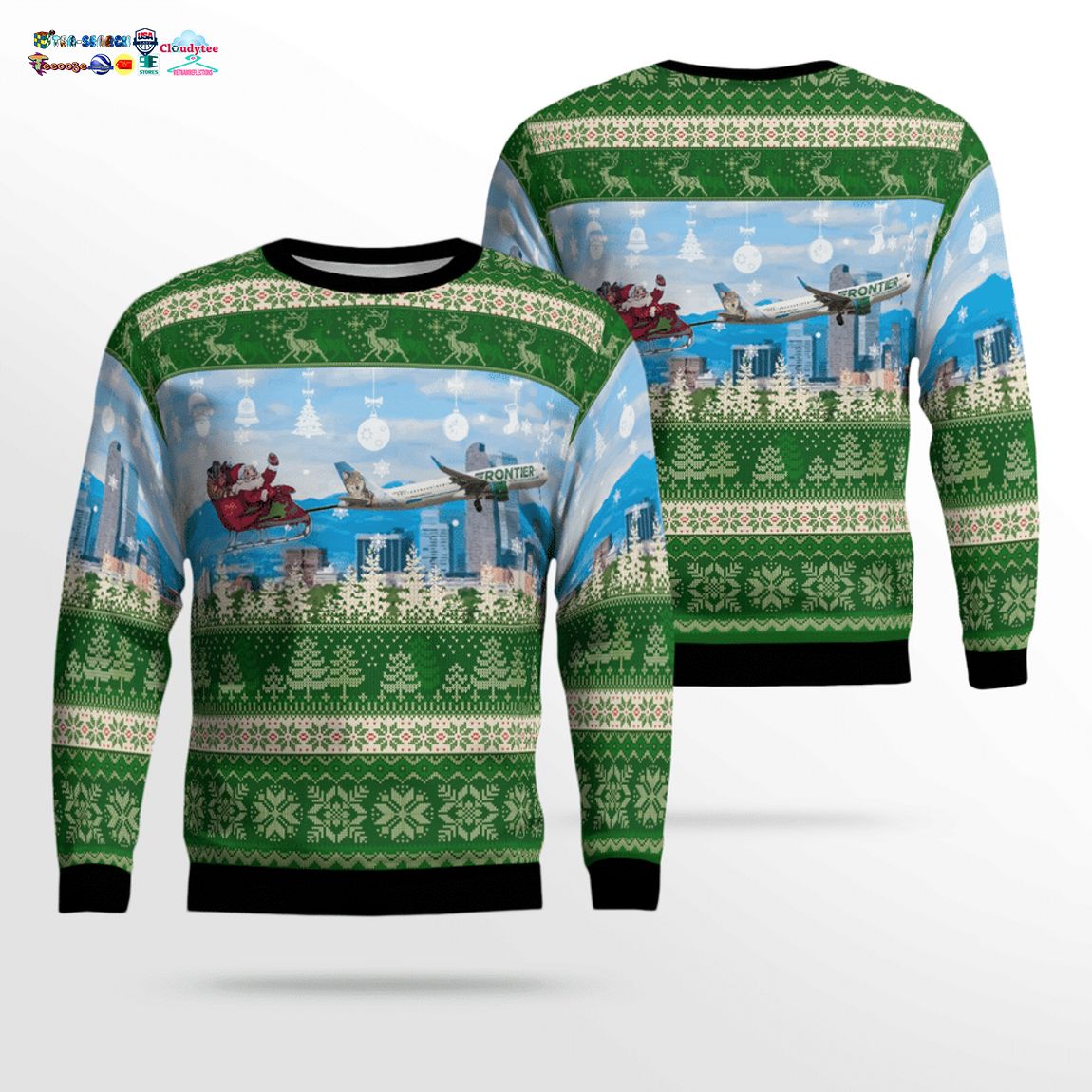 Frontier Airlines Airbus A321-211 With Santa Over Denver 3D Christmas Sweater