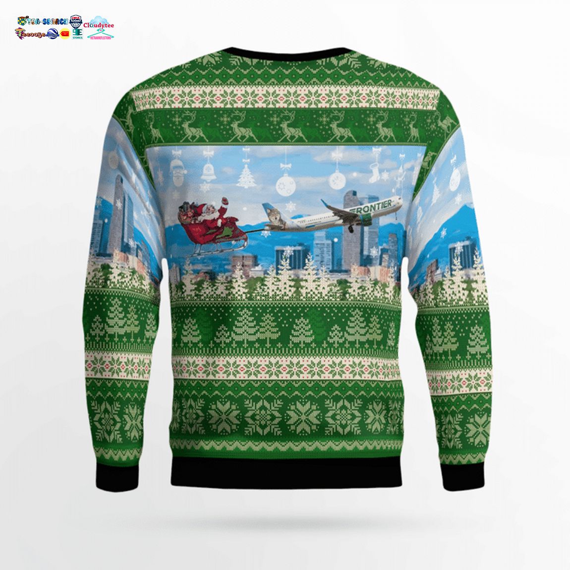 Frontier Airlines Airbus A321-211 With Santa Over Denver 3D Christmas Sweater