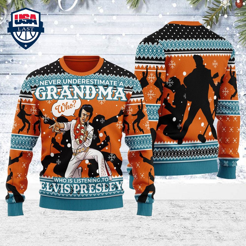 Gearhomie Never Underestimate A Grandma Who Is Listening To Elvis Presley Ver 2 Ugly Christmas Sweater – Saleoff