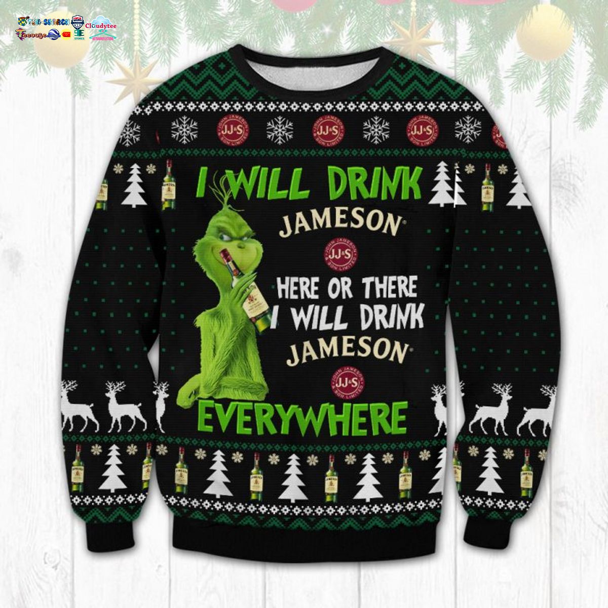 Grinch I Will Drink Jameson Everywhere Ugly Christmas Sweater