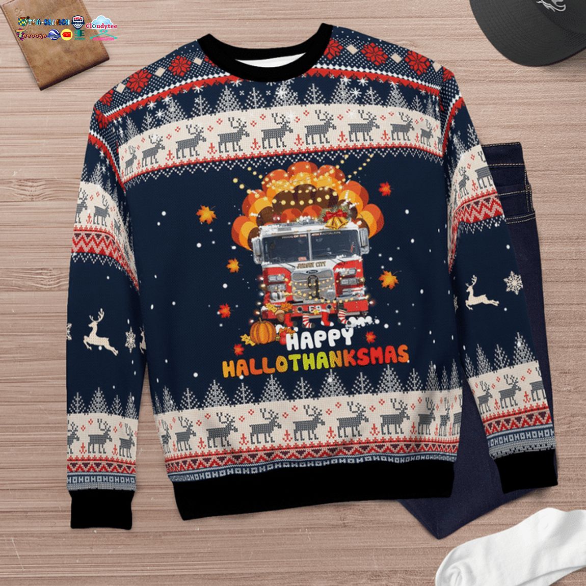 Jersey City Fire Department Happy Hallothanksmas 3D Christmas Sweater - Saleoff