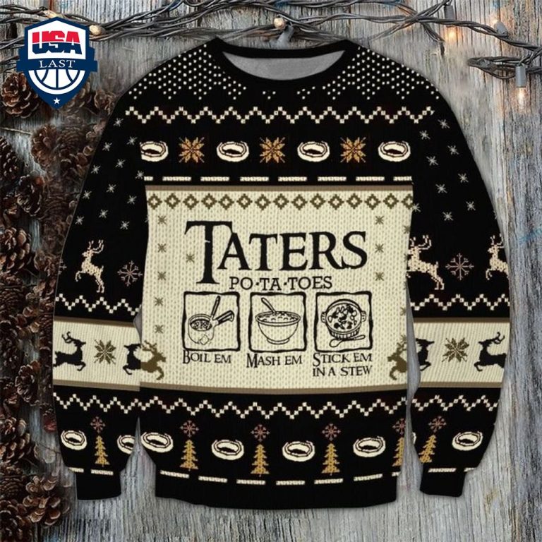 LOTR Taters Po-ta-toes Black Ugly Christmas Sweater - You look lazy
