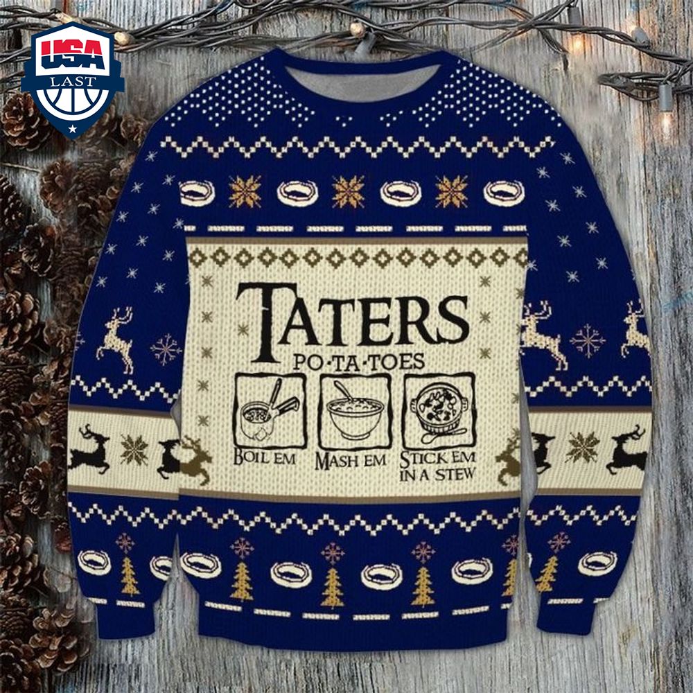 LOTR Taters Po-ta-toes Blue Ugly Christmas Sweater - Wow, cute pie