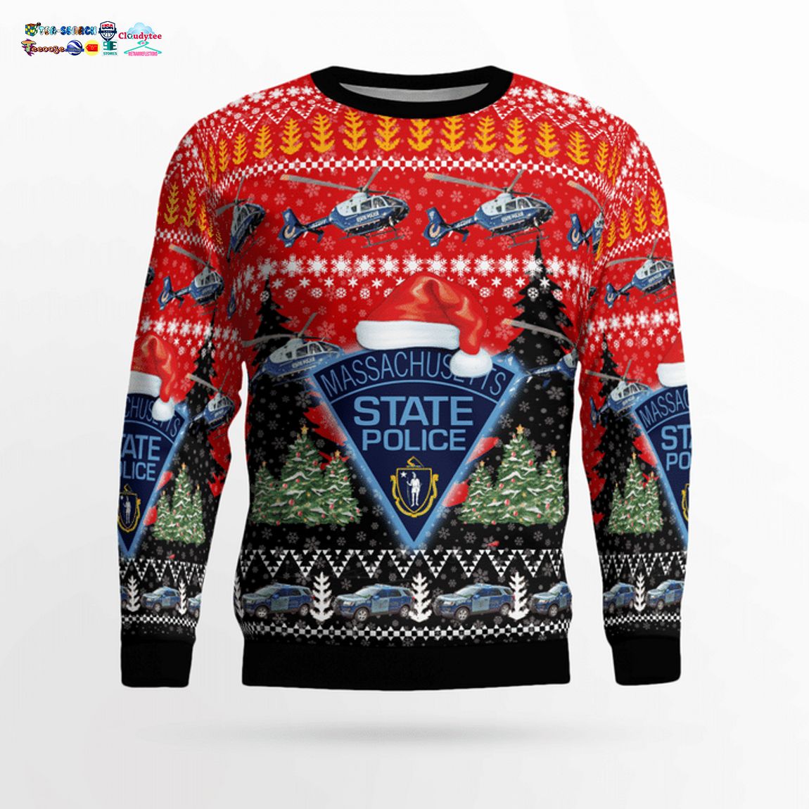 Massachusetts State Police Ford Police Interceptor Utility And Eurocopter EC135 T2+ 3D Christmas Sweater