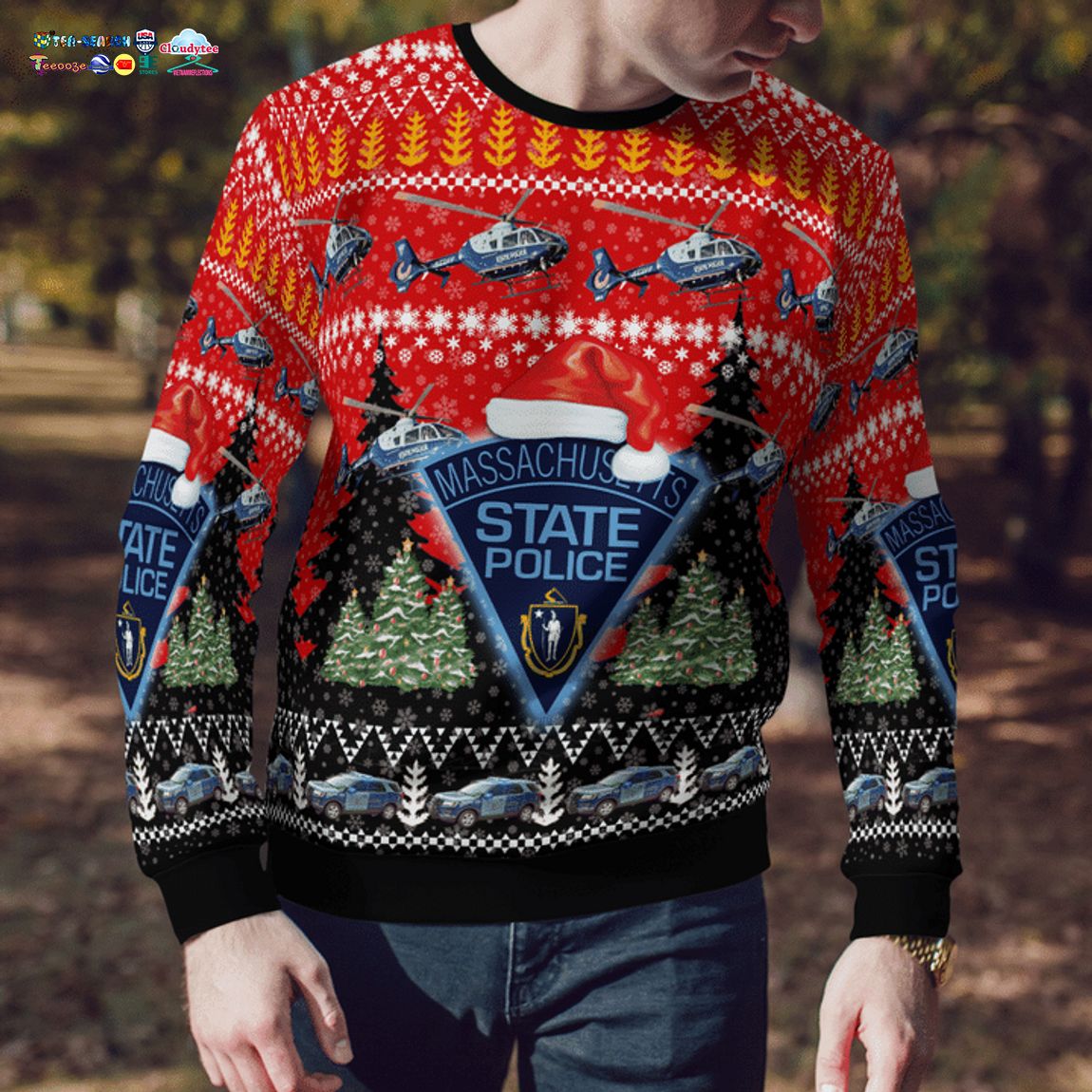 Massachusetts State Police Ford Police Interceptor Utility And Eurocopter EC135 T2+ 3D Christmas Sweater