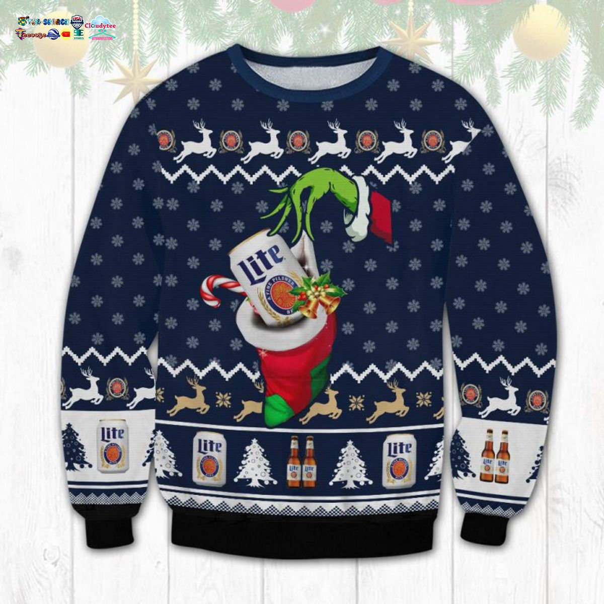 Miller Lite Grinch Hand Ugly Christmas Sweater
