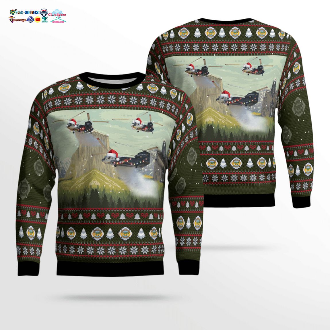 Orange County Fire Authority Boeing CH-47 Chinook Helicopter 3D Christmas Sweater