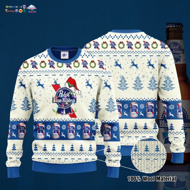 Pabst Blue Ribbon Santa Hat Ugly Christmas Sweater - Super sober