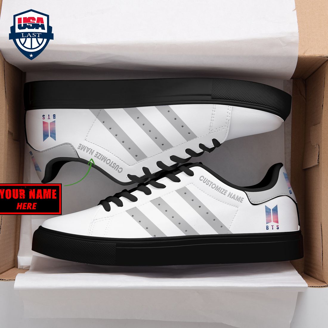 Personalized BTS Grey Stripes Stan Smith Low Top Shoes – Saleoff