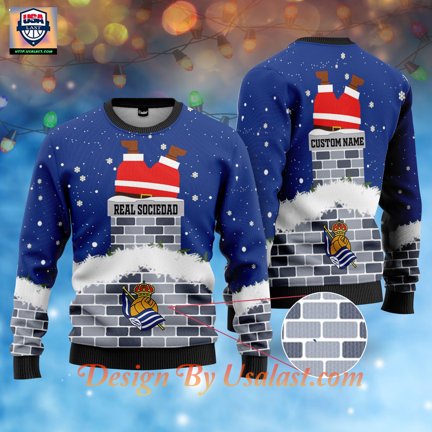 Real Sociedad Santa Claus Custom Name Ugly Christmas Sweater - Rocking picture