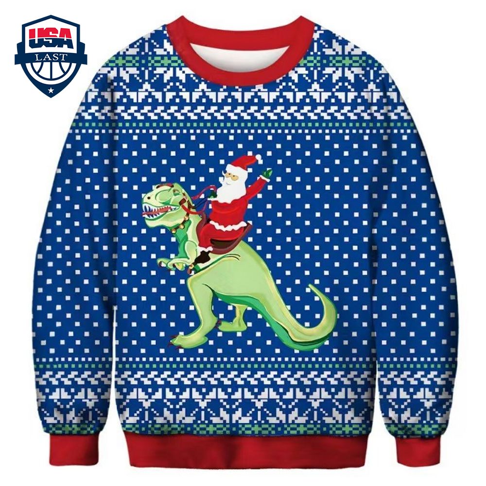 Santa Claus Ride Dinosaur Ugly Christmas Sweater - You look lazy