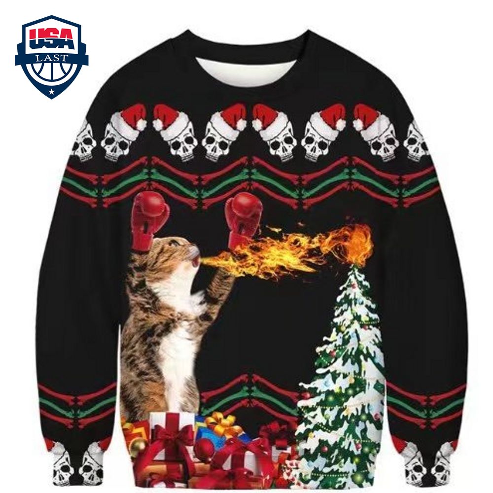Skull Kitten Breathing Fire Ugly Christmas Sweater – Saleoff