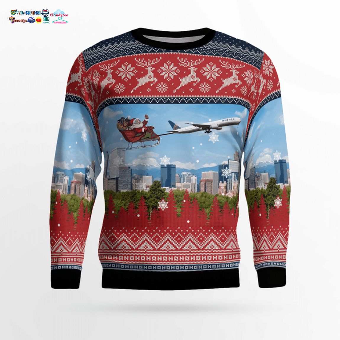 United Airlines Boeing 777-322ER With Santa Over Denver 3D Christmas Sweater