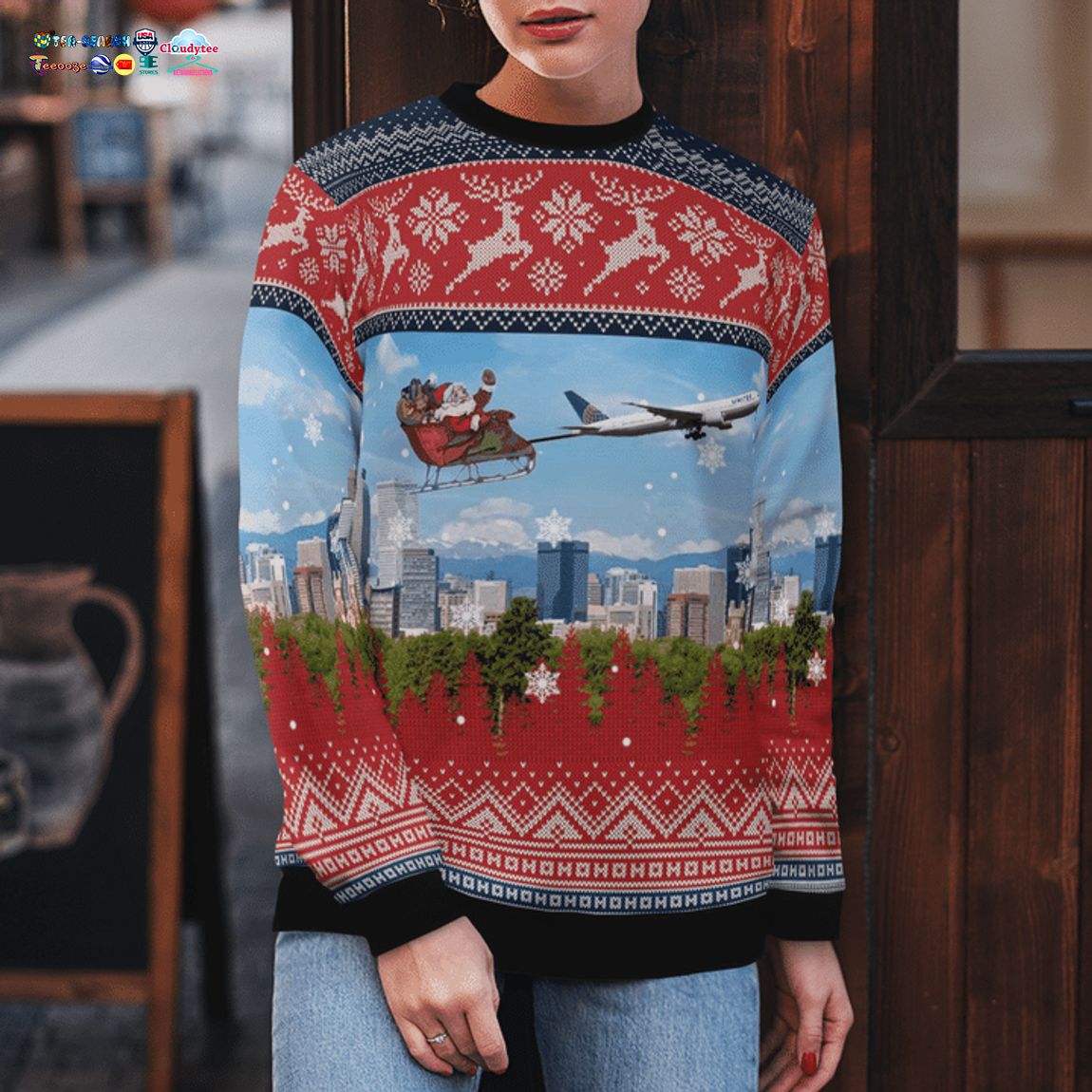 United Airlines Boeing 777-322ER With Santa Over Denver 3D Christmas Sweater