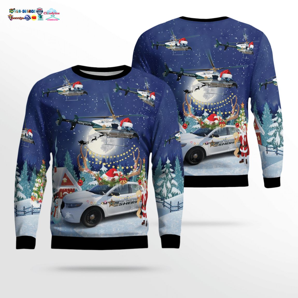 Volusia County Sheriff Bell 407 And Ford Police Interceptor 3D Christmas Sweater