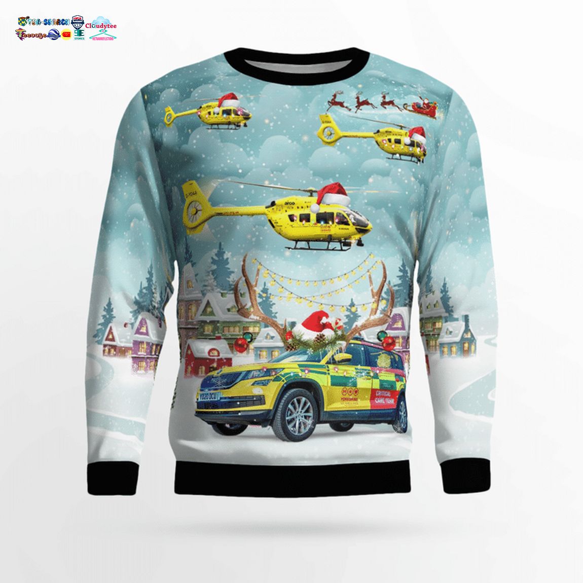 Yorkshire Air Ambulance Car And EC145 T2 3D Christmas Sweater