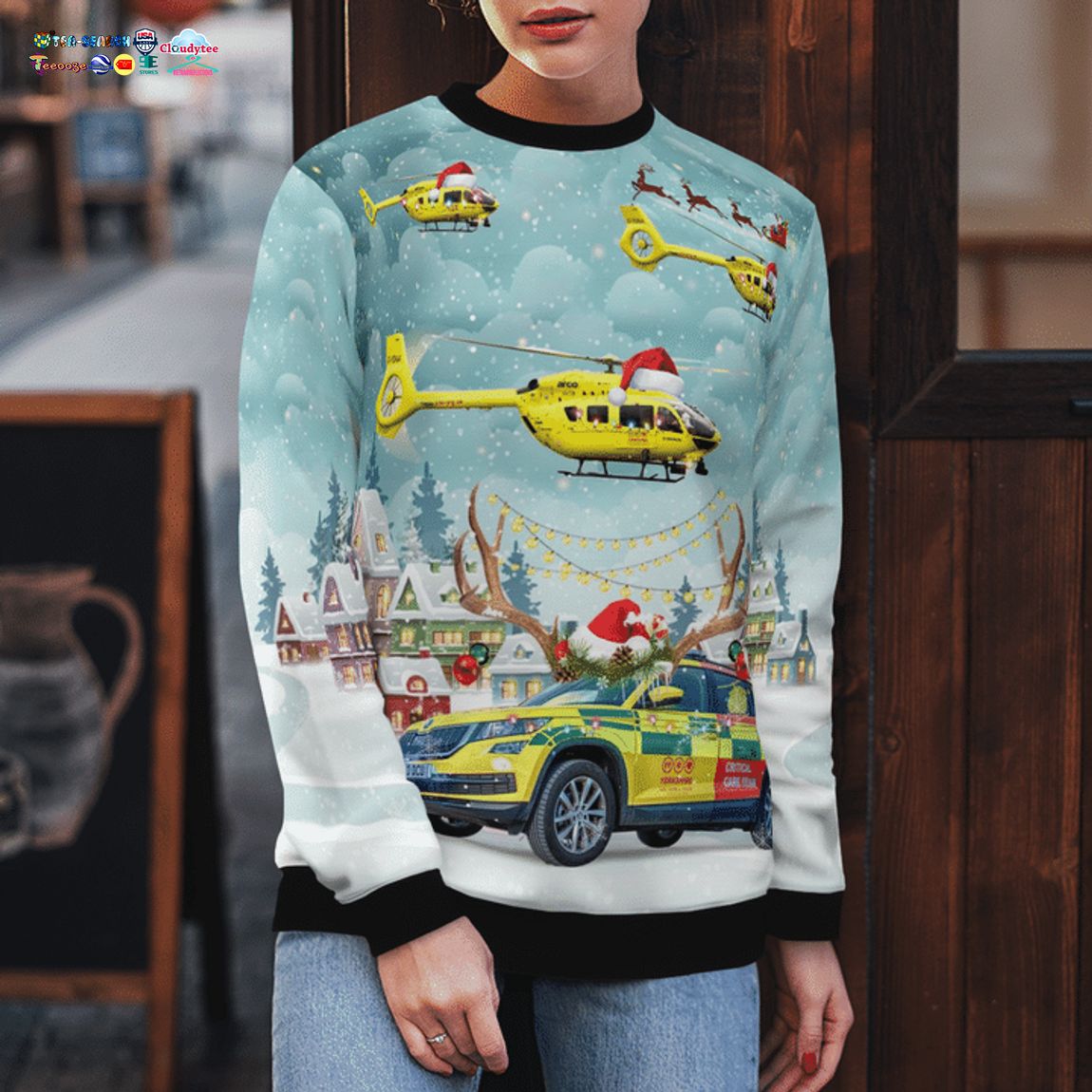 Yorkshire Air Ambulance Car And EC145 T2 3D Christmas Sweater