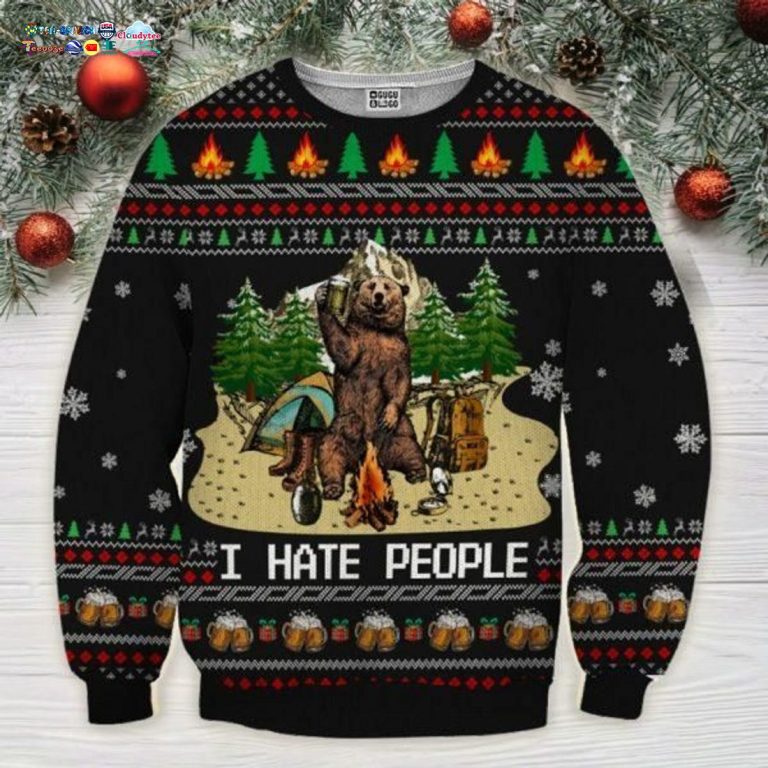 Bear Beer Camping I Hate People Ugly Christmas Sweater - You look cheerful dear