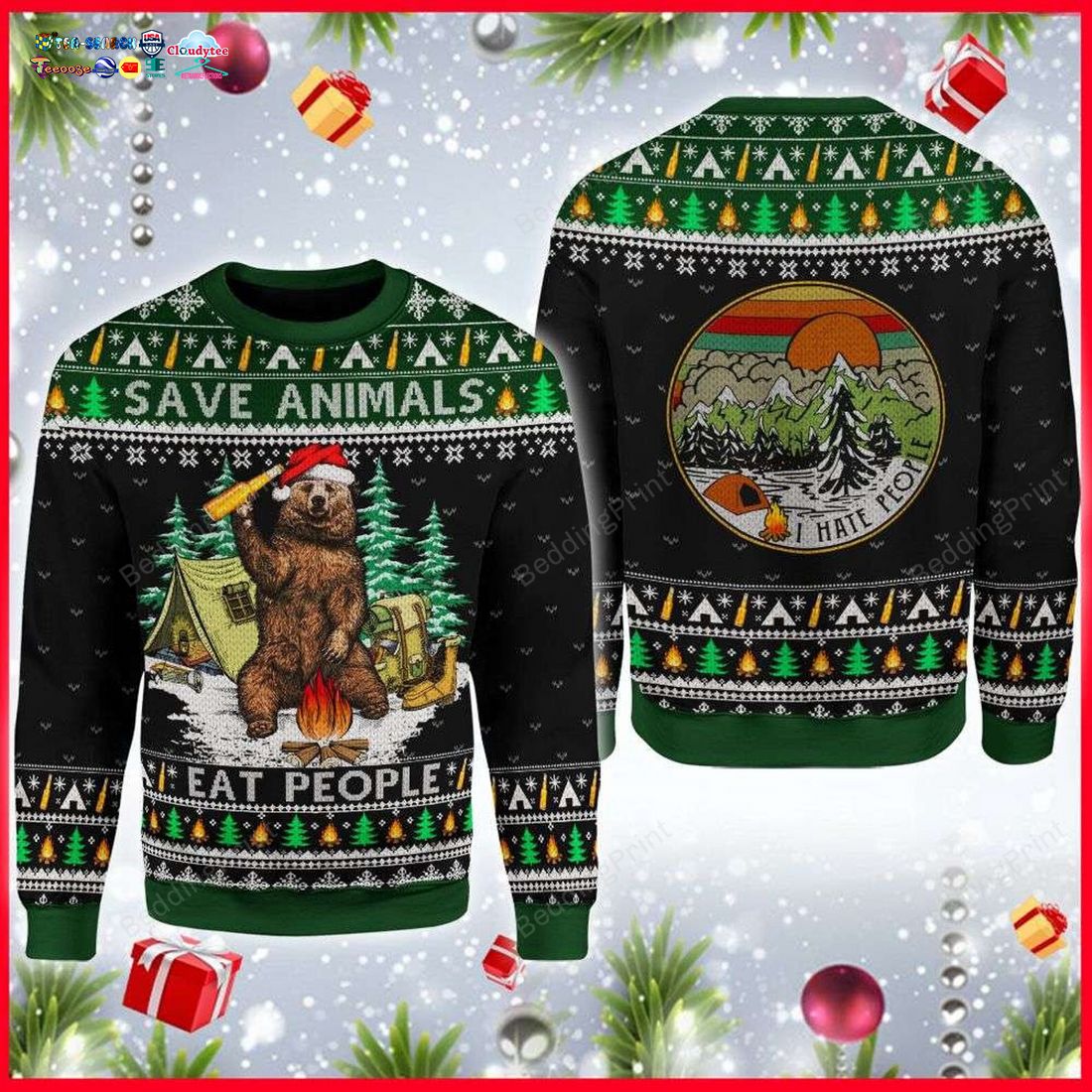 Bear Camping Save Animals Eat People Ugly Christmas Sweater
