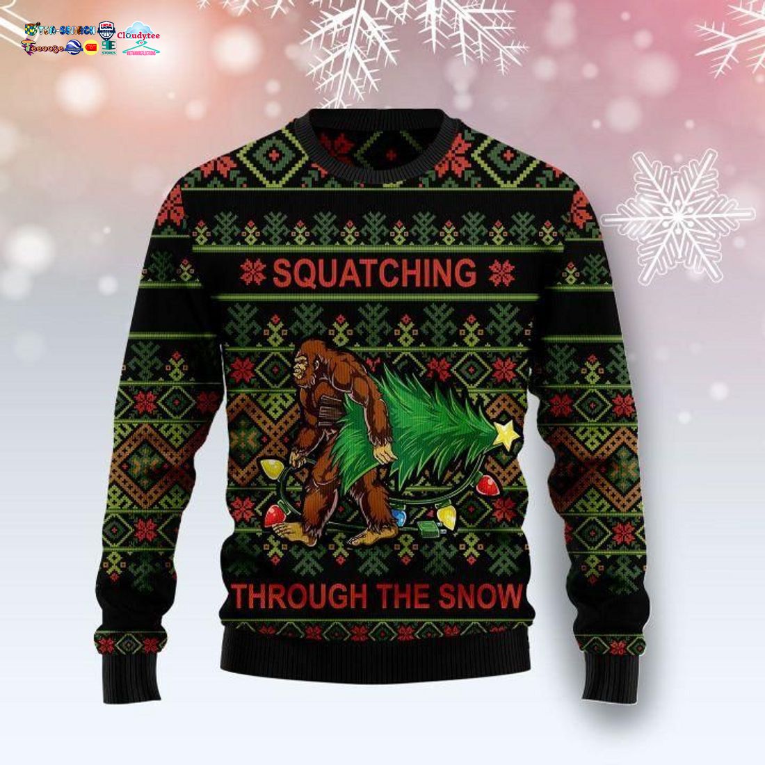 Bigfoot Squatching Through The Snow Ugly Christmas Sweater
