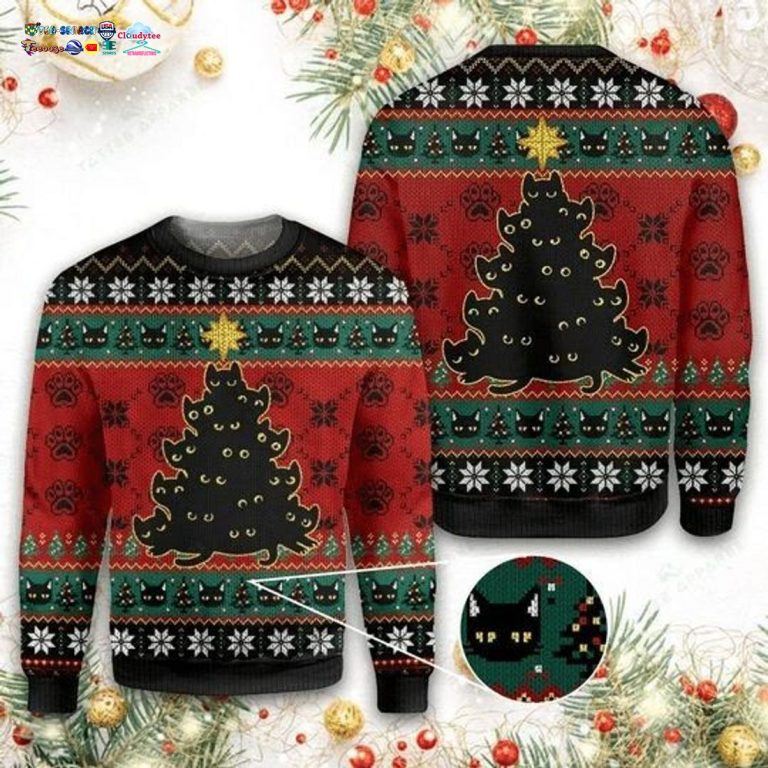 Black Cat Christmas Tree Ugly Christmas Sweater - Unique and sober
