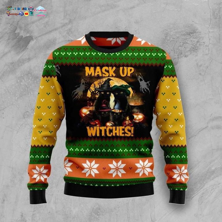 Black Cat Mask Up Witches Ugly Christmas Sweater - Best couple on earth