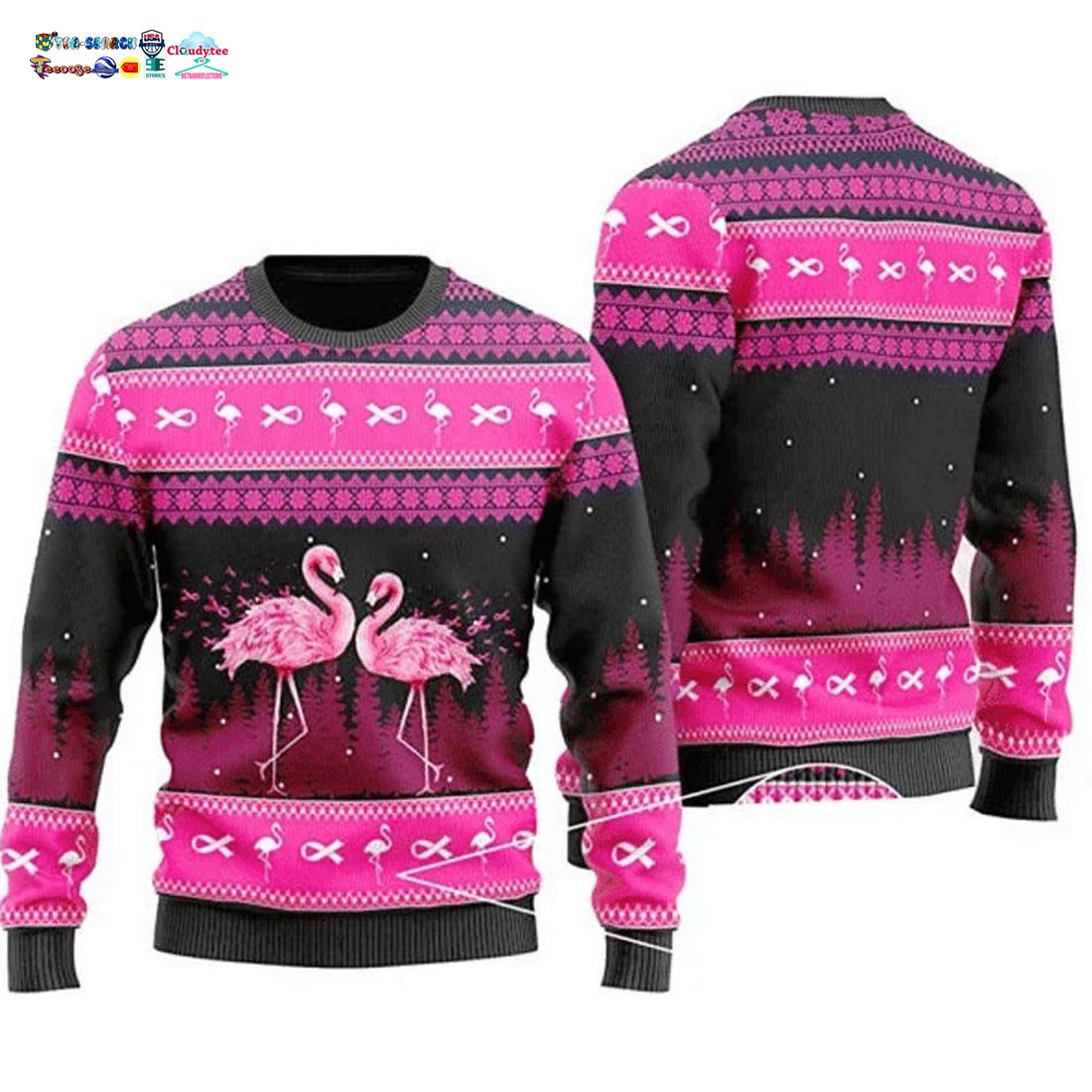 Couple Flamingo Breast Cancer Ugly Christmas Sweater