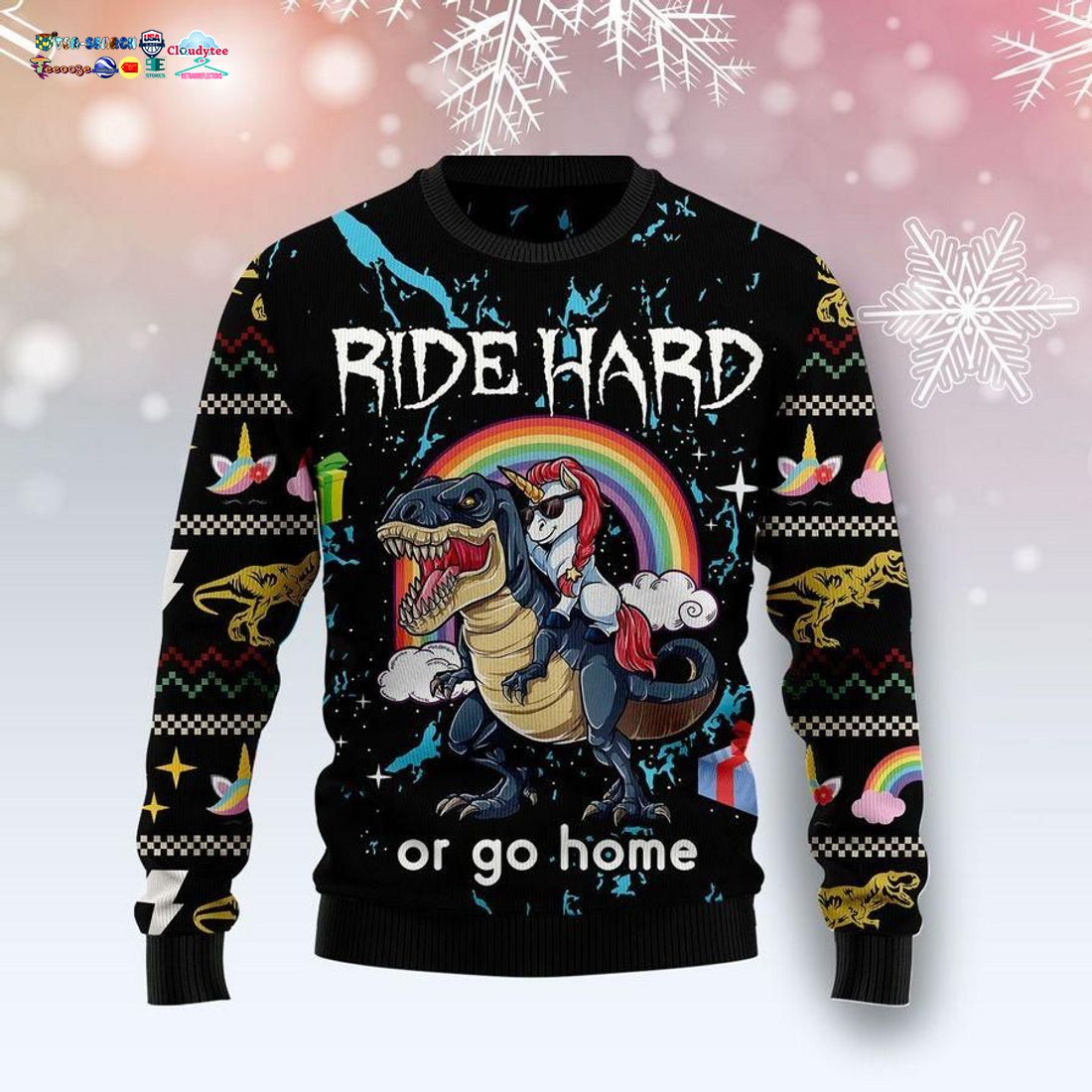Dinosaur Unicorn Ride Hard Or Go Home Ugly Christmas Sweater