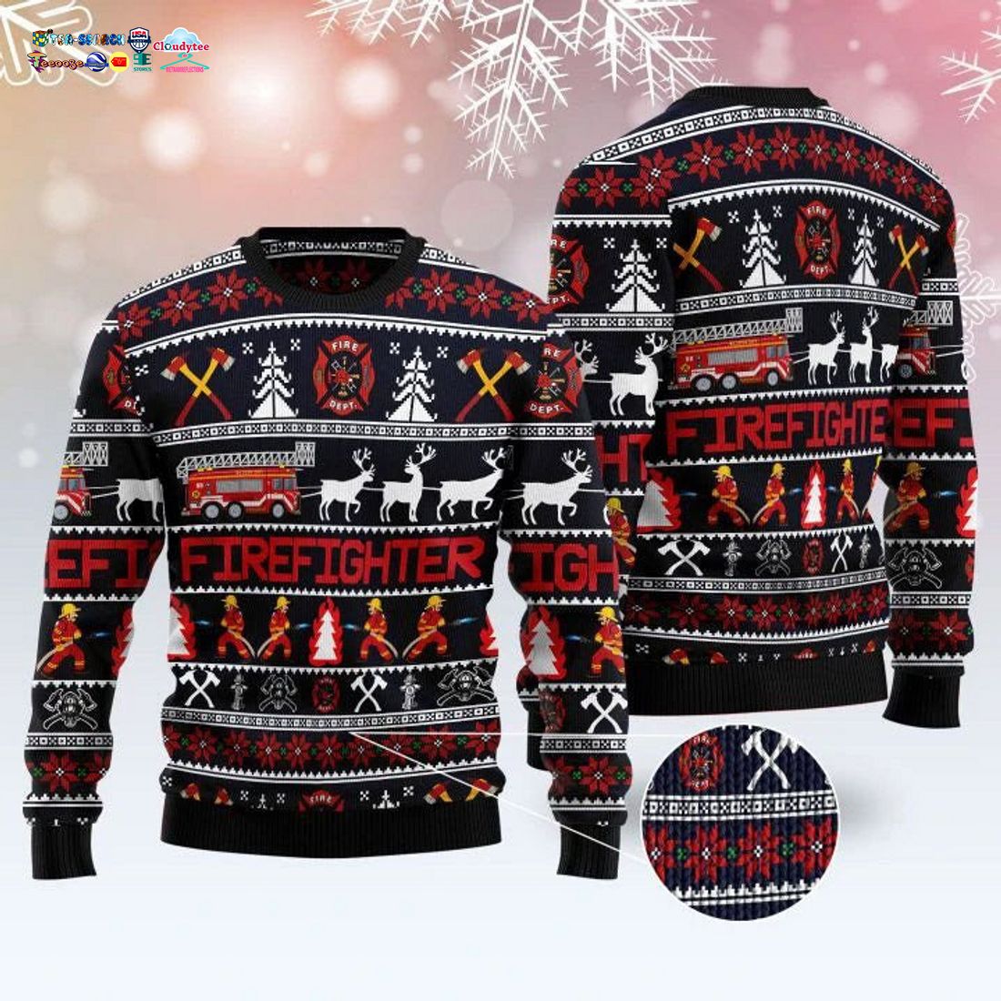 Firefighter Reindeer Ugly Christmas Sweater