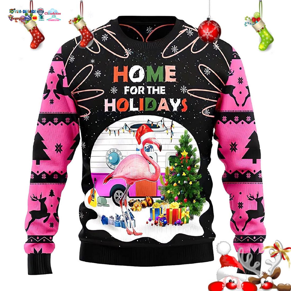 Flamingo Home For The Holidays Ugly Christmas Sweater