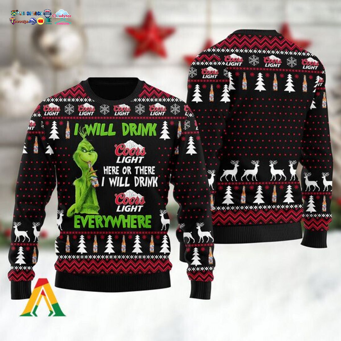 Grinch I Will Drink Coors Light Everywhere Ver 2 Ugly Christmas Sweater
