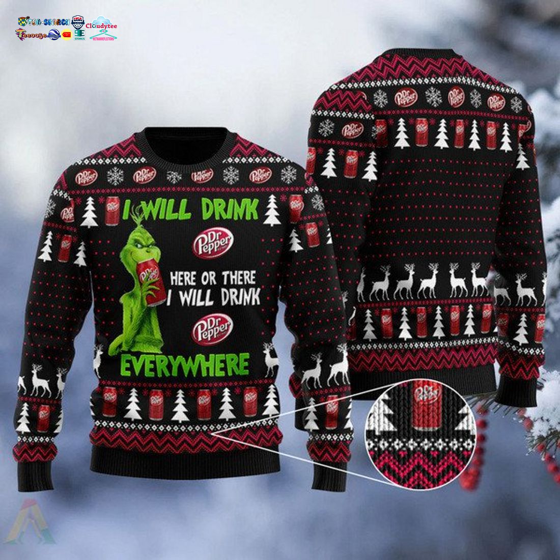 Grinch I Will Drink Dr Pepper Everywhere Ugly Christmas Sweater