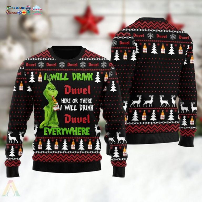 Grinch I Will Drink Duvel Everywhere Ugly Christmas Sweater - Nice Pic