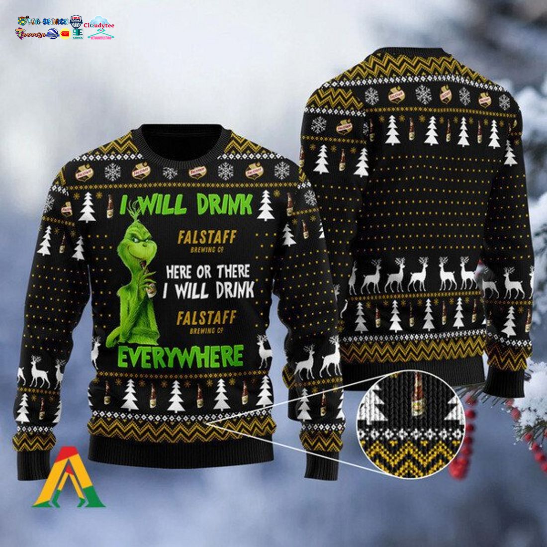 Grinch I Will Drink Falstaff Everywhere Ugly Christmas Sweater