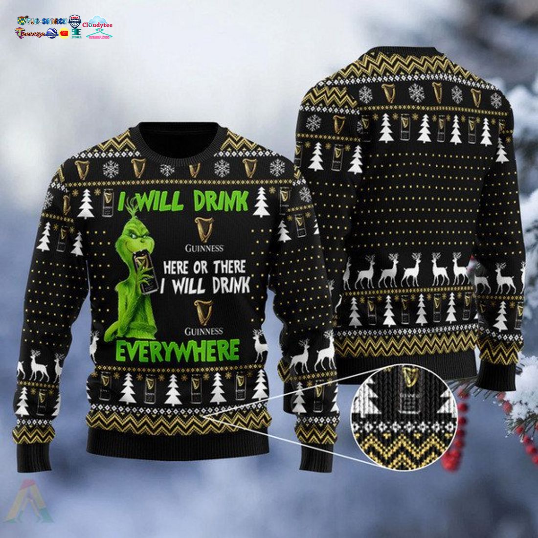 Grinch I Will Drink Guinness Everywhere Ugly Christmas Sweater