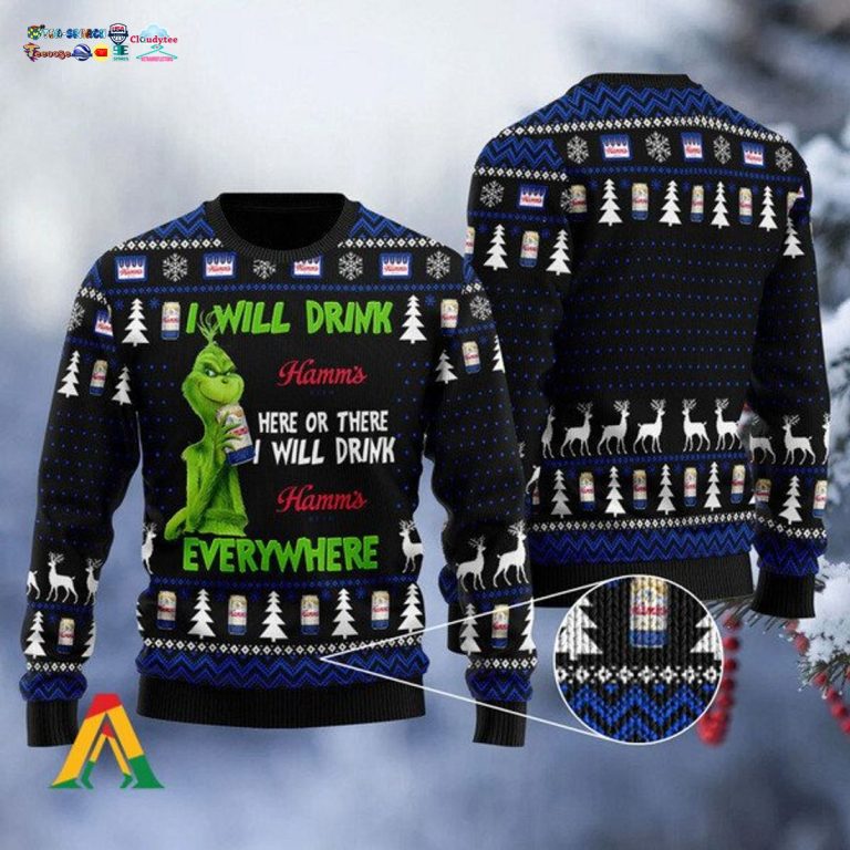 Grinch I Will Drink Hamm's Everywhere Ugly Christmas Sweater - Rocking picture