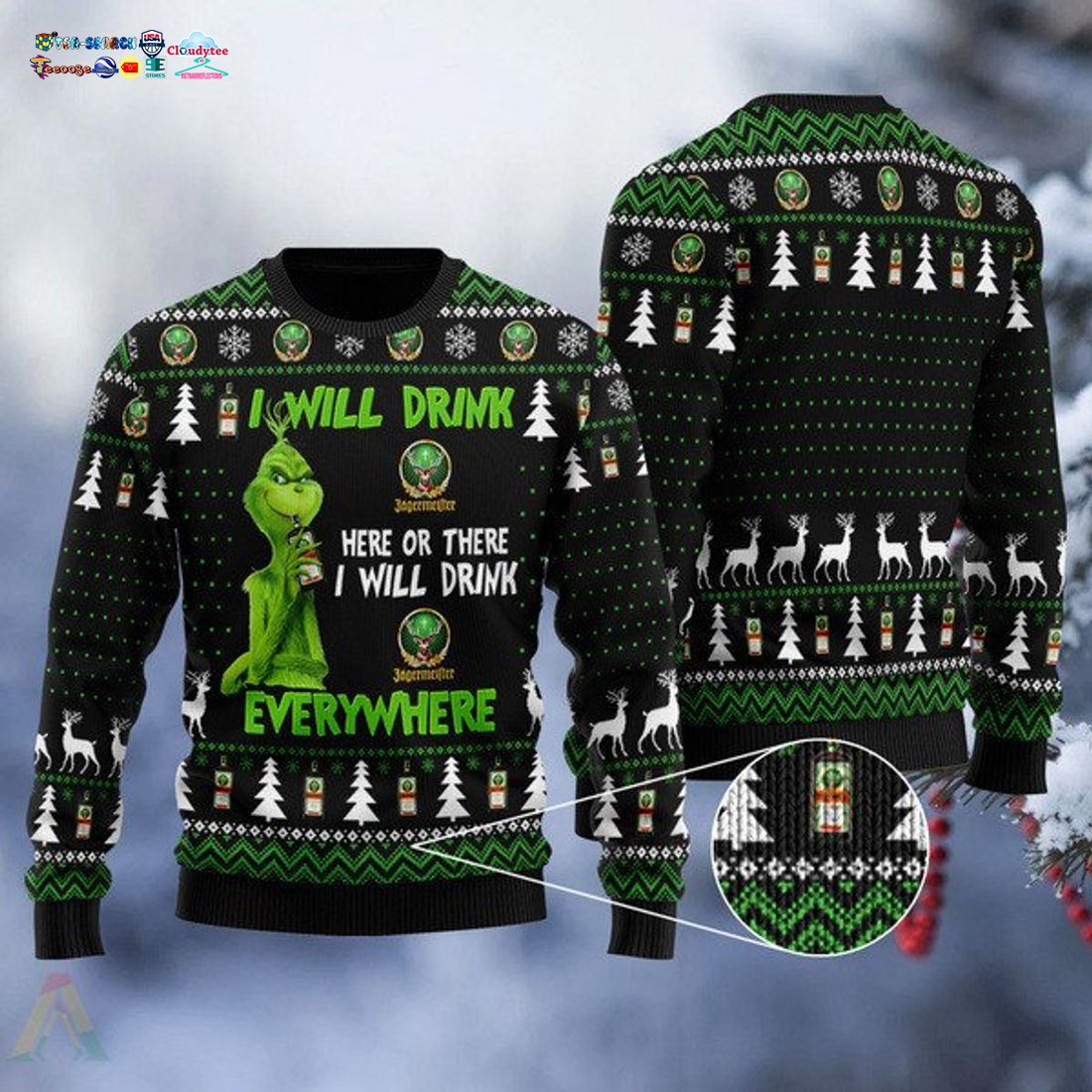 Grinch I Will Drink Jagermeister Everywhere Ugly Christmas Sweater