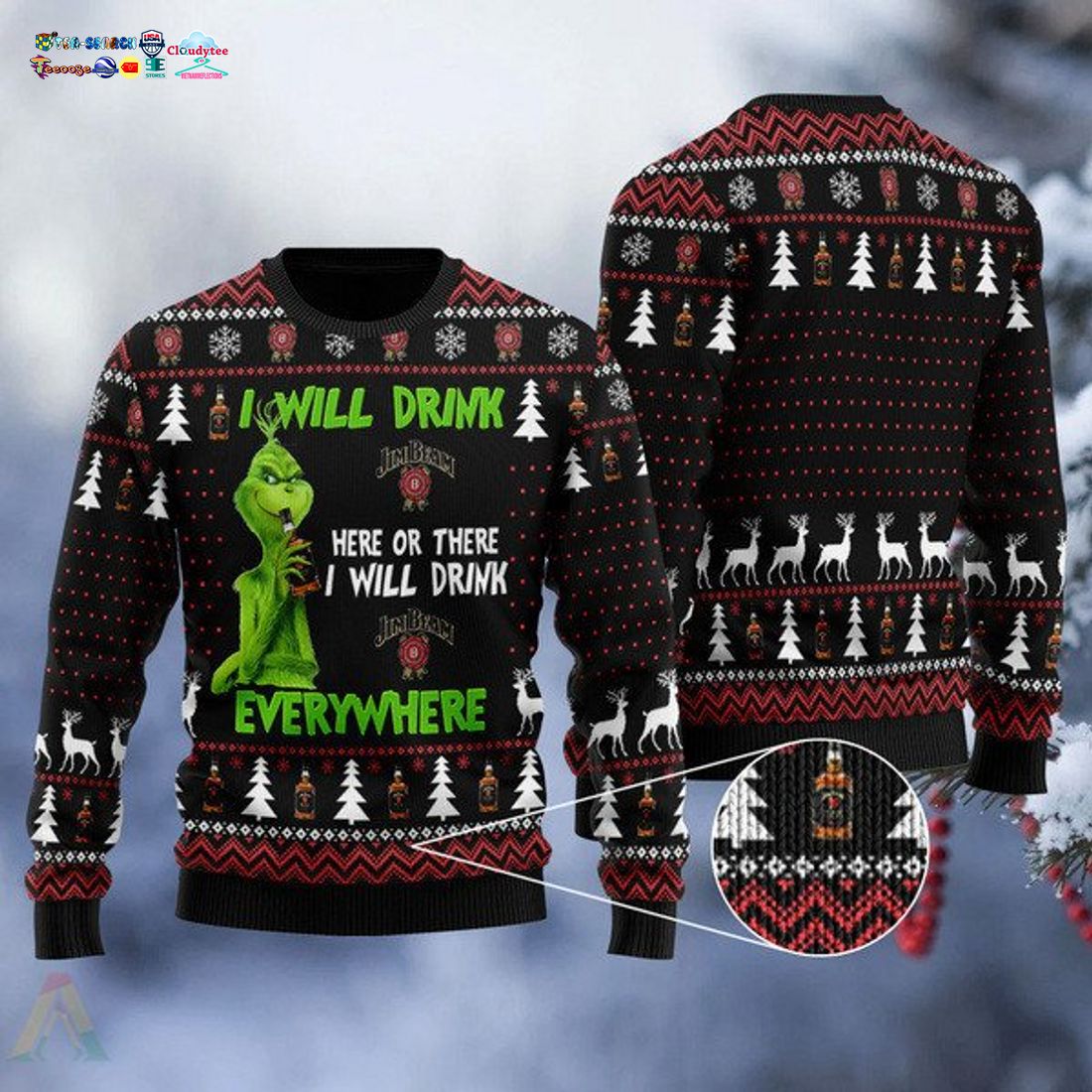 Grinch I Will Drink Jim Beam Everywhere Ugly Christmas Sweater