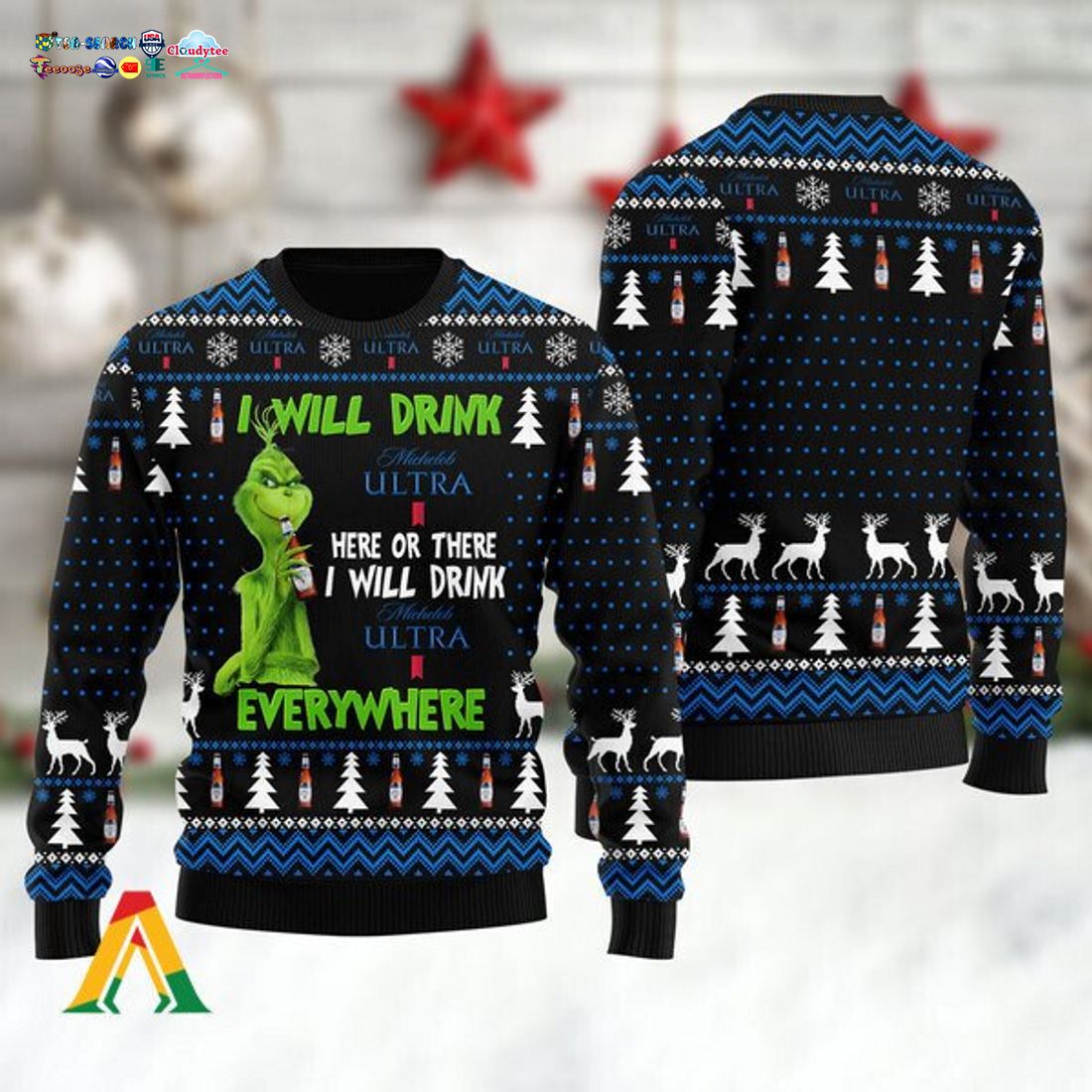 Grinch I Will Drink Michelob Ultra Everywhere Ugly Christmas Sweater