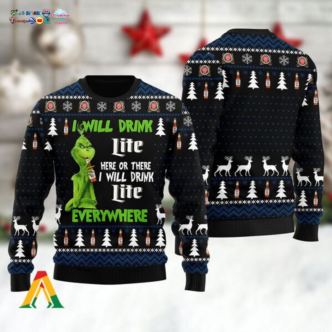 Grinch I Will Drink Miller Lite Everywhere Ugly Christmas Sweater