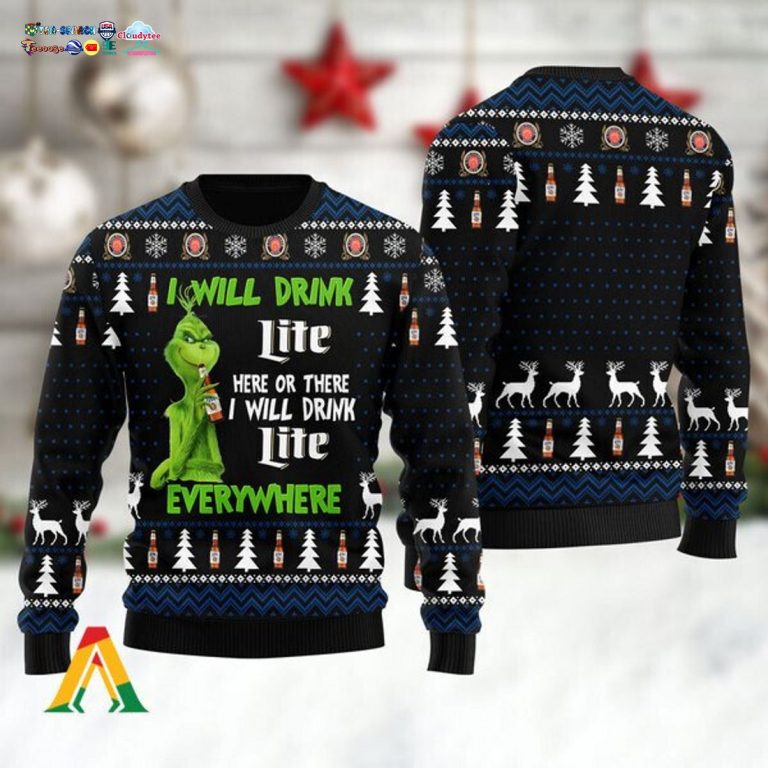 Grinch I Will Drink Miller Lite Everywhere Ugly Christmas Sweater - Damn good
