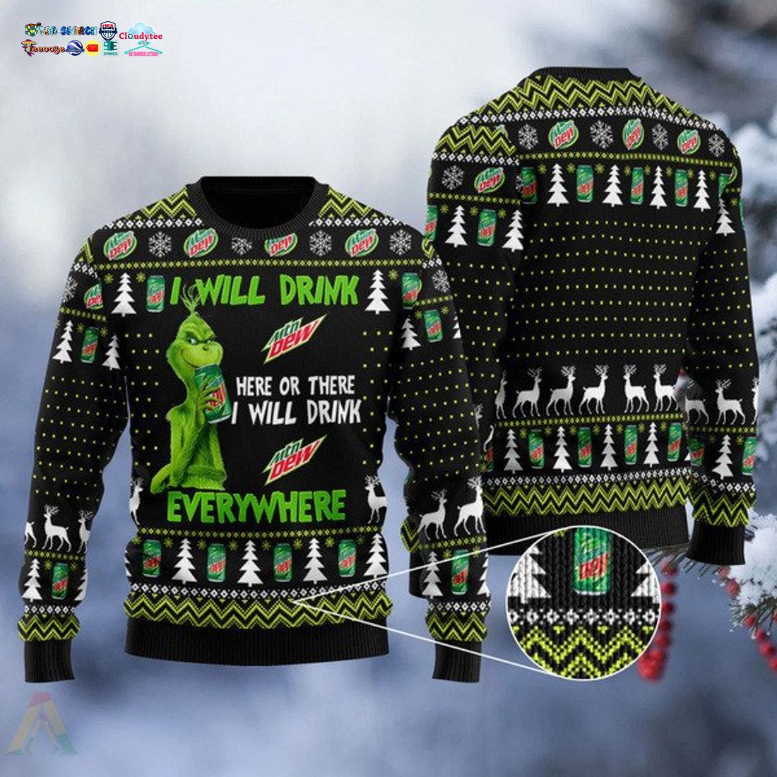 Grinch I Will Drink Mountain Dew Everywhere Ugly Christmas Sweater