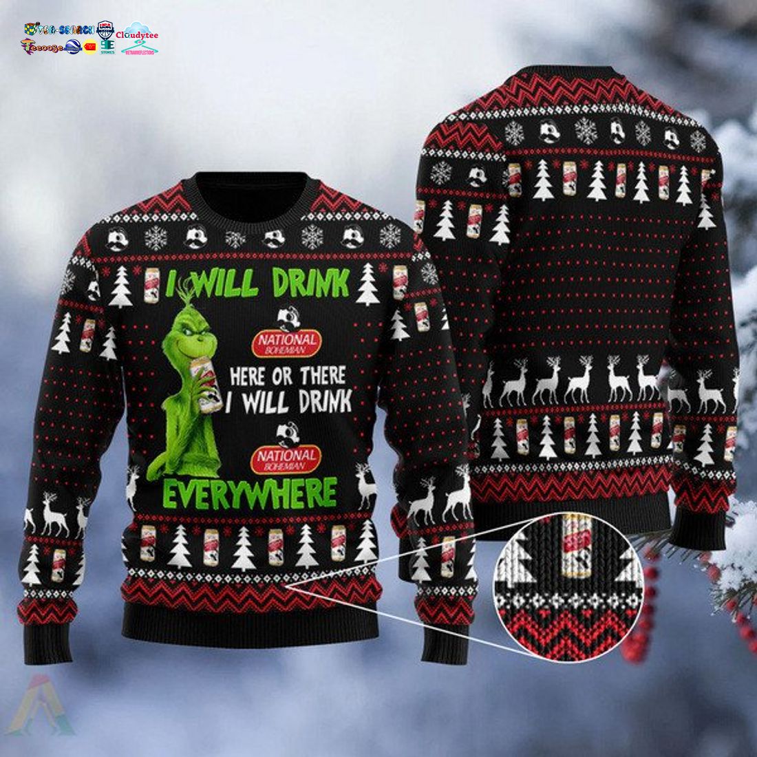 Grinch I Will Drink National Bohemian Everywhere Ugly Christmas Sweater