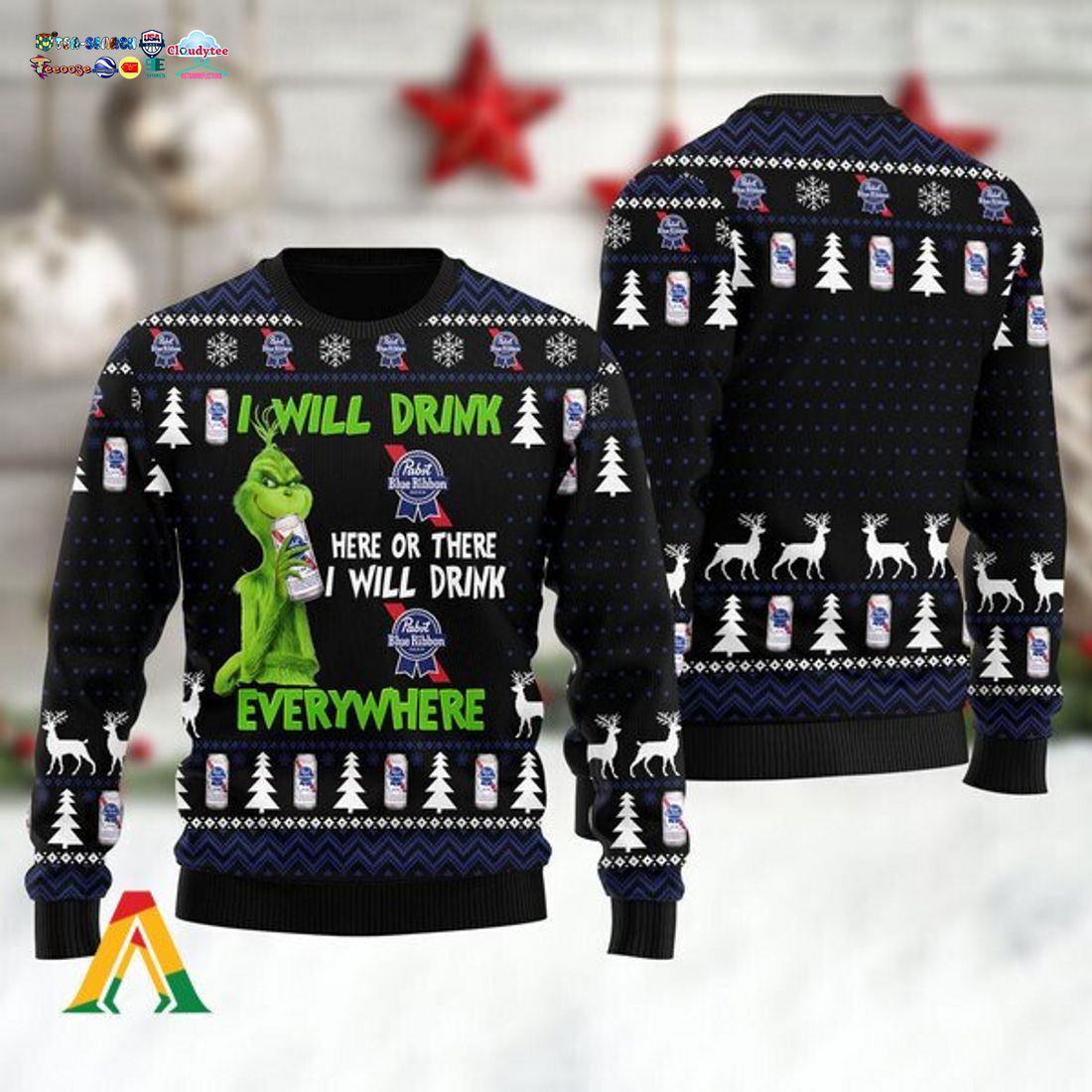 Grinch I Will Drink Pabst Blue Ribbon Everywhere Ugly Christmas Sweater