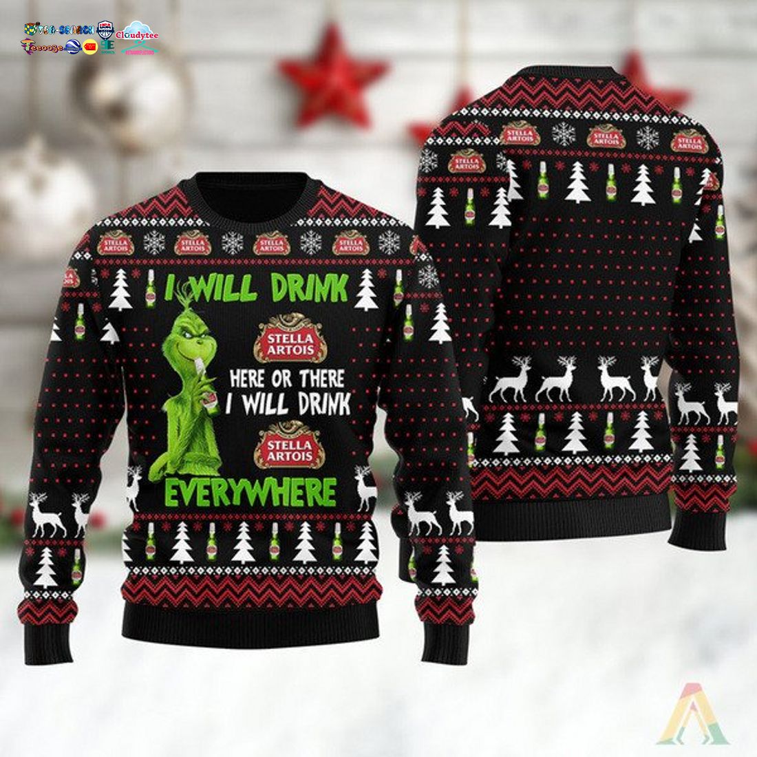 Grinch I Will Drink Stella Artois Everywhere Ugly Christmas Sweater
