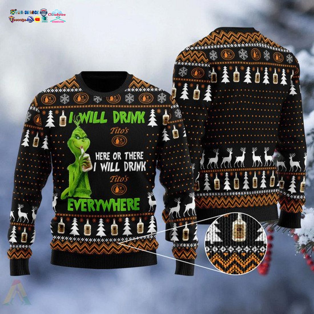 Grinch I Will Drink Tito’s Handmade Vodka Everywhere Ugly Christmas Sweater