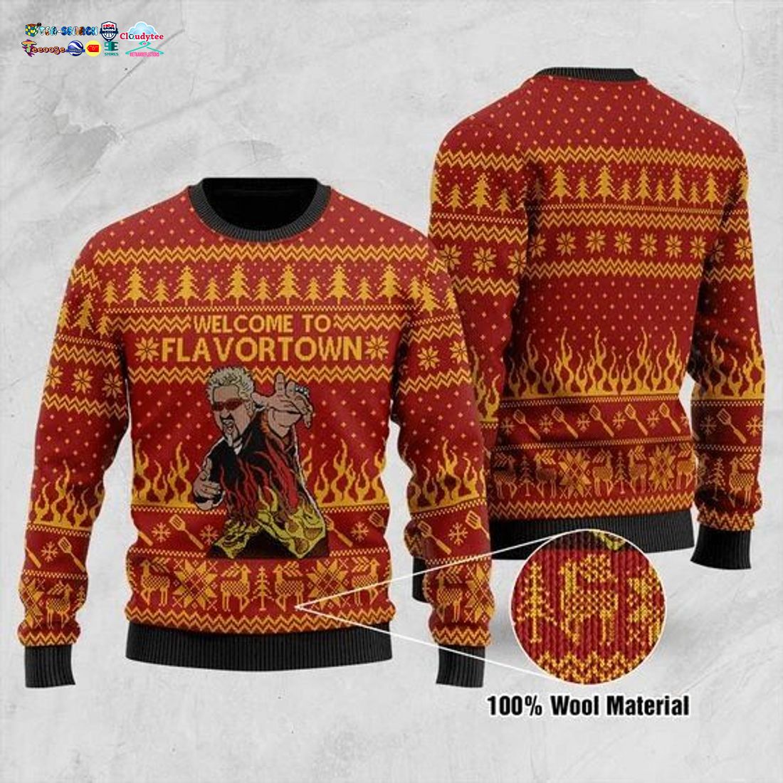 Guy Fieri Welcome To Flavortown Ugly Christmas Sweater - Pic of the century