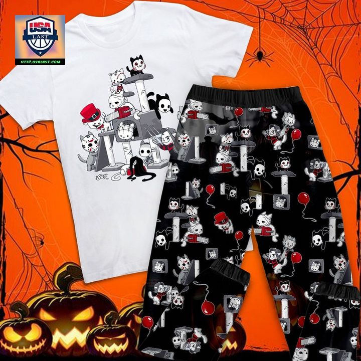 Horror Movie Cat Halloween Pajamas Set - Rocking picture